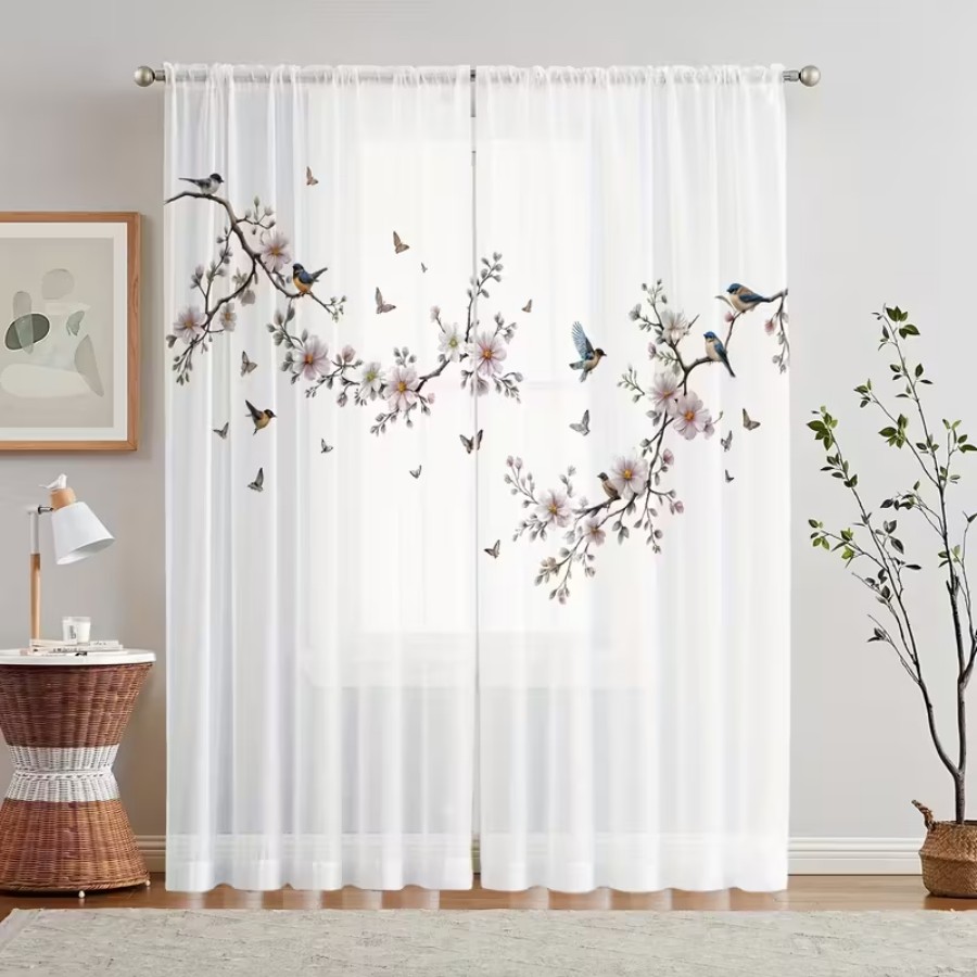 Home Decor Wall Panels - 2PCS 디지털 프린트 시스루 커튼, 꽃
