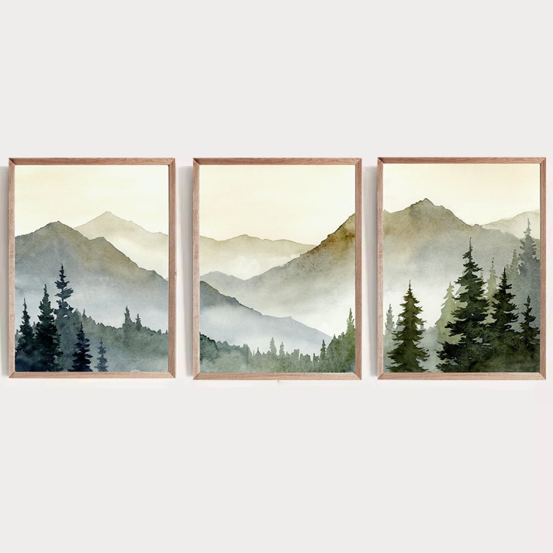 Home Decor Green - 일몰 녹색 산 수채화 포스터 소나무