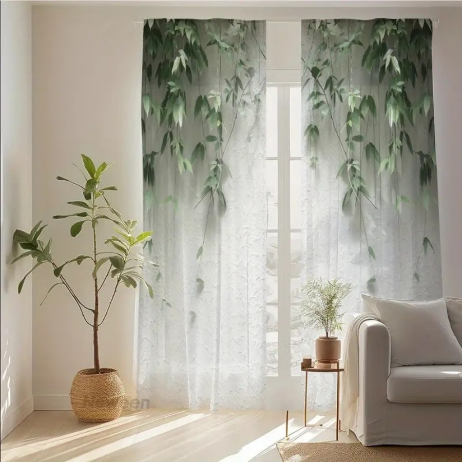 Home Decor Wall Panels - 2PCS 디지털 프린트 시스루 커튼, 녹색