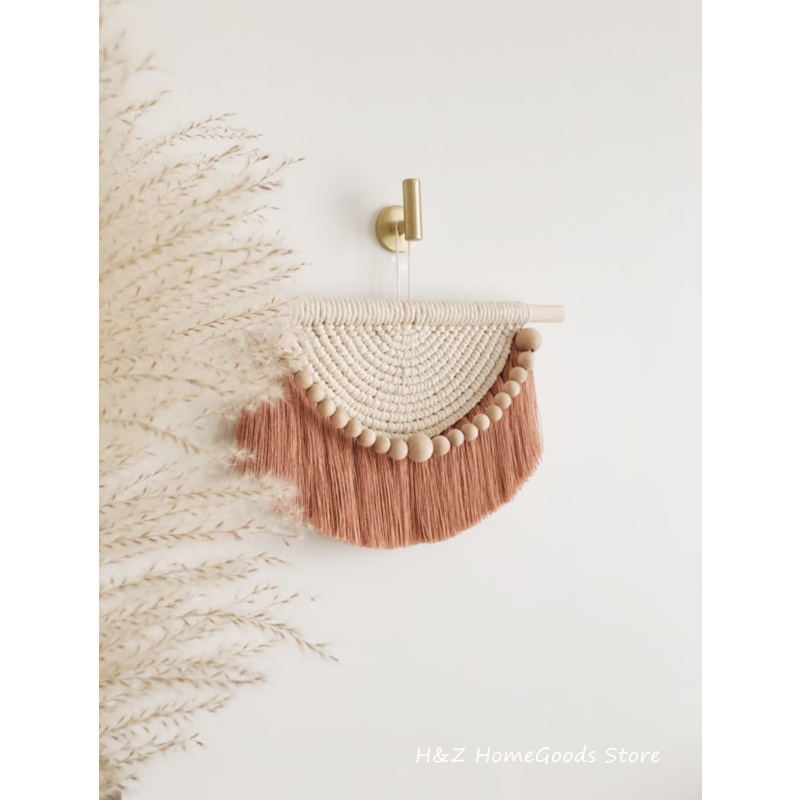 Yarn Home Decor - 마크라메 벽걸이 태피스트리, 나무 구슬과 술,