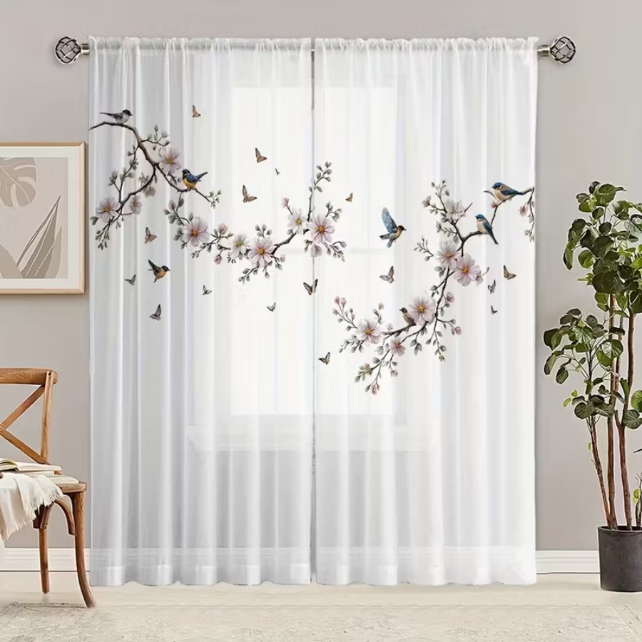 2PCS 디지털 프린트 시스루 커튼, 꽃 새 나비 자연 - Home Decor Wall Panels 리뷰 및 가격
