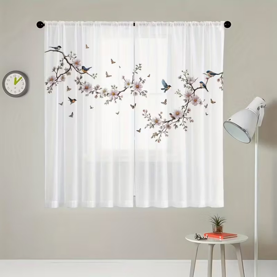 2PCS 디지털 프린트 시스루 커튼, 꽃 새 나비 자연 - Home Decor Wall Panels 리뷰 및 가격