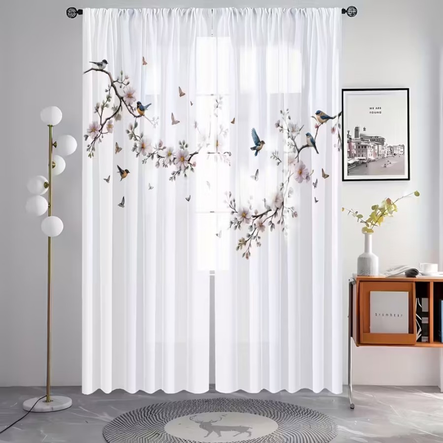 2PCS 디지털 프린트 시스루 커튼, 꽃 새 나비 자연 - Home Decor Wall Panels 리뷰 및 가격