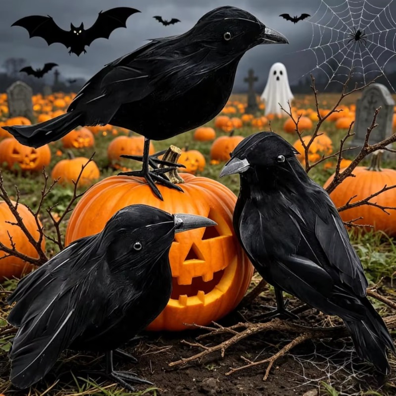 1PC 검은 까마귀 할로윈 장식품, 사실적인 플록 가공 - Home Decor Halloween 리뷰 및 가격