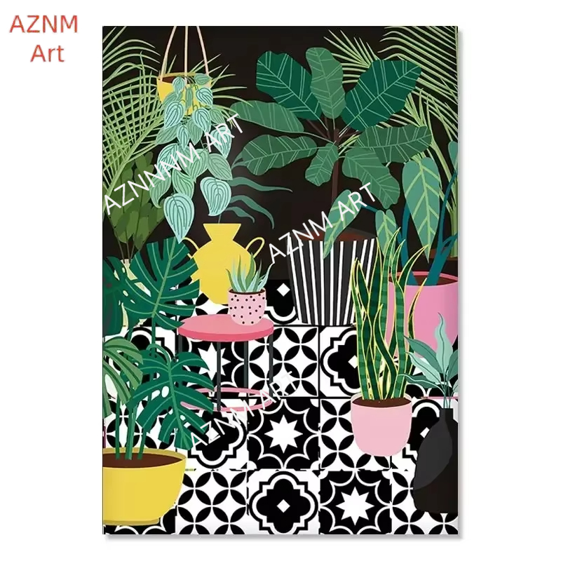 현대 벽 예술 캔버스 그림 북유럽 그리스 타일 식물 집 - Home Decor Green 리뷰 및 가격