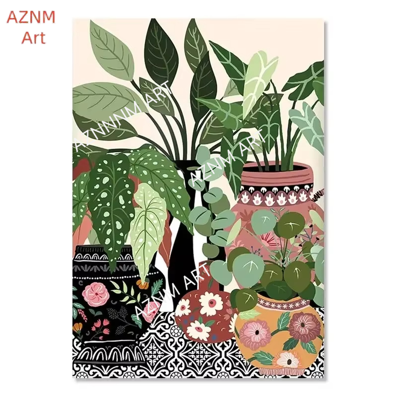 현대 벽 예술 캔버스 그림 북유럽 그리스 타일 식물 집 - Home Decor Green 리뷰 및 가격