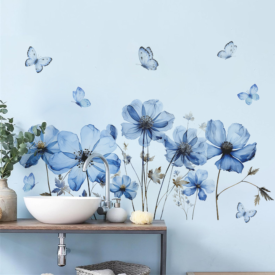 신선한 파란 나비와 꽃 벽 스티커, 침실, 거실, 현관 - Home Decor Vinyl Flooring 리뷰 및 가격
