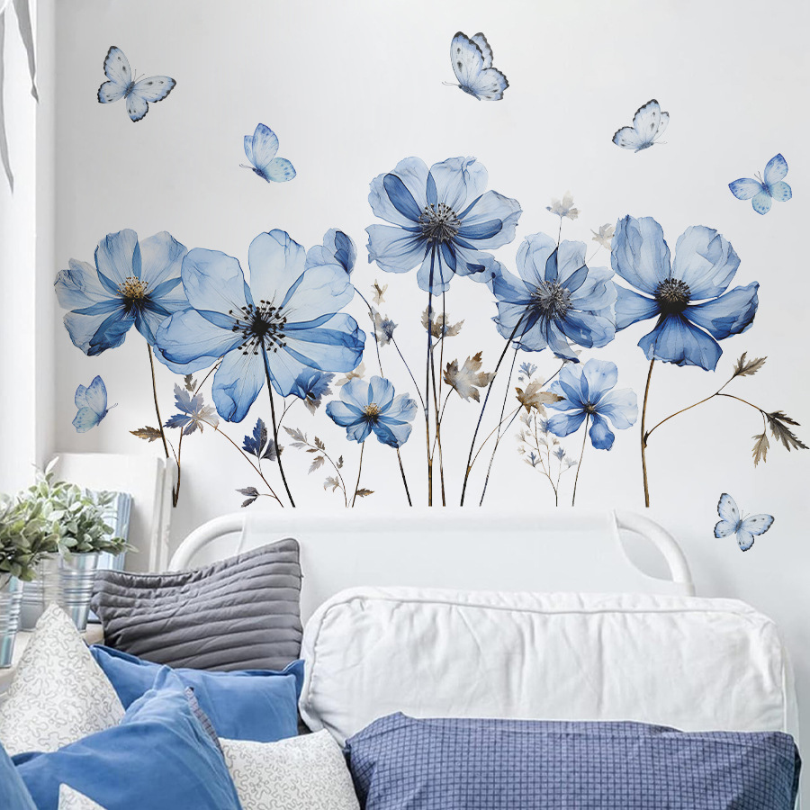 신선한 파란 나비와 꽃 벽 스티커, 침실, 거실, 현관 - Home Decor Vinyl Flooring 리뷰 및 가격