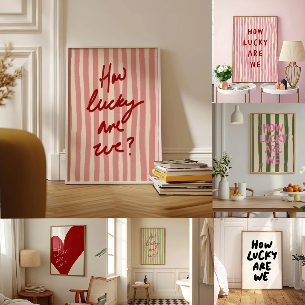 우리가 얼마나 행운인가 핑크 레드 스트라이프 벽 예술  - Home Decor How To 리뷰 및 가격