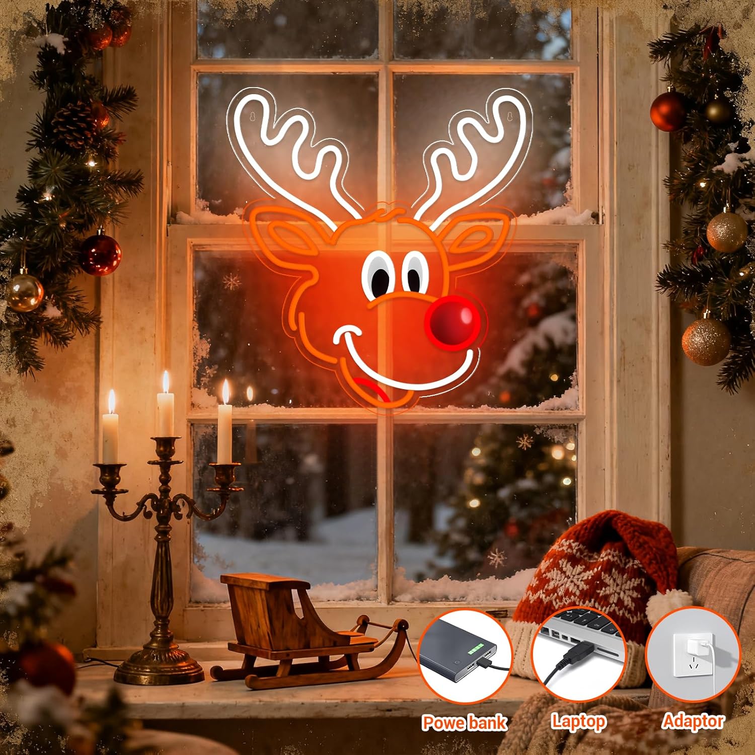 귀여운 크리스마스 순록 네온사인, 빨간 코 LED 조명 - Home Xmas Decor Ideas 리뷰 및 가격
